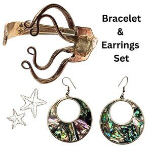 Vintage 70s Silver Plated Fork Wrap Bracelet & Abalone Shell Earrings Set Women